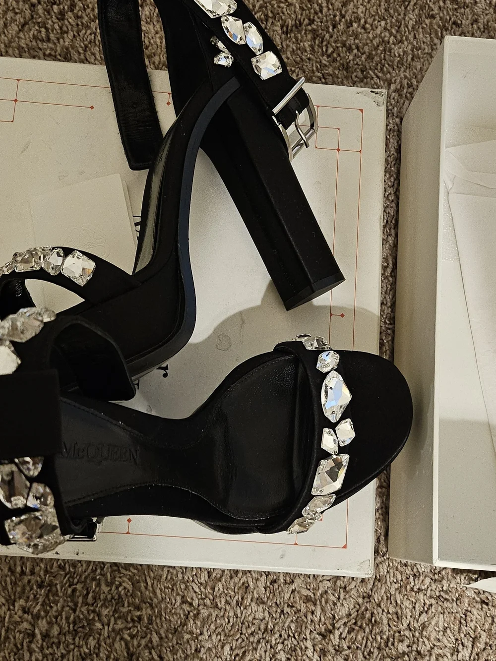 Alexander McQueen Black Crystal-Embellished Block Heel Sandals
